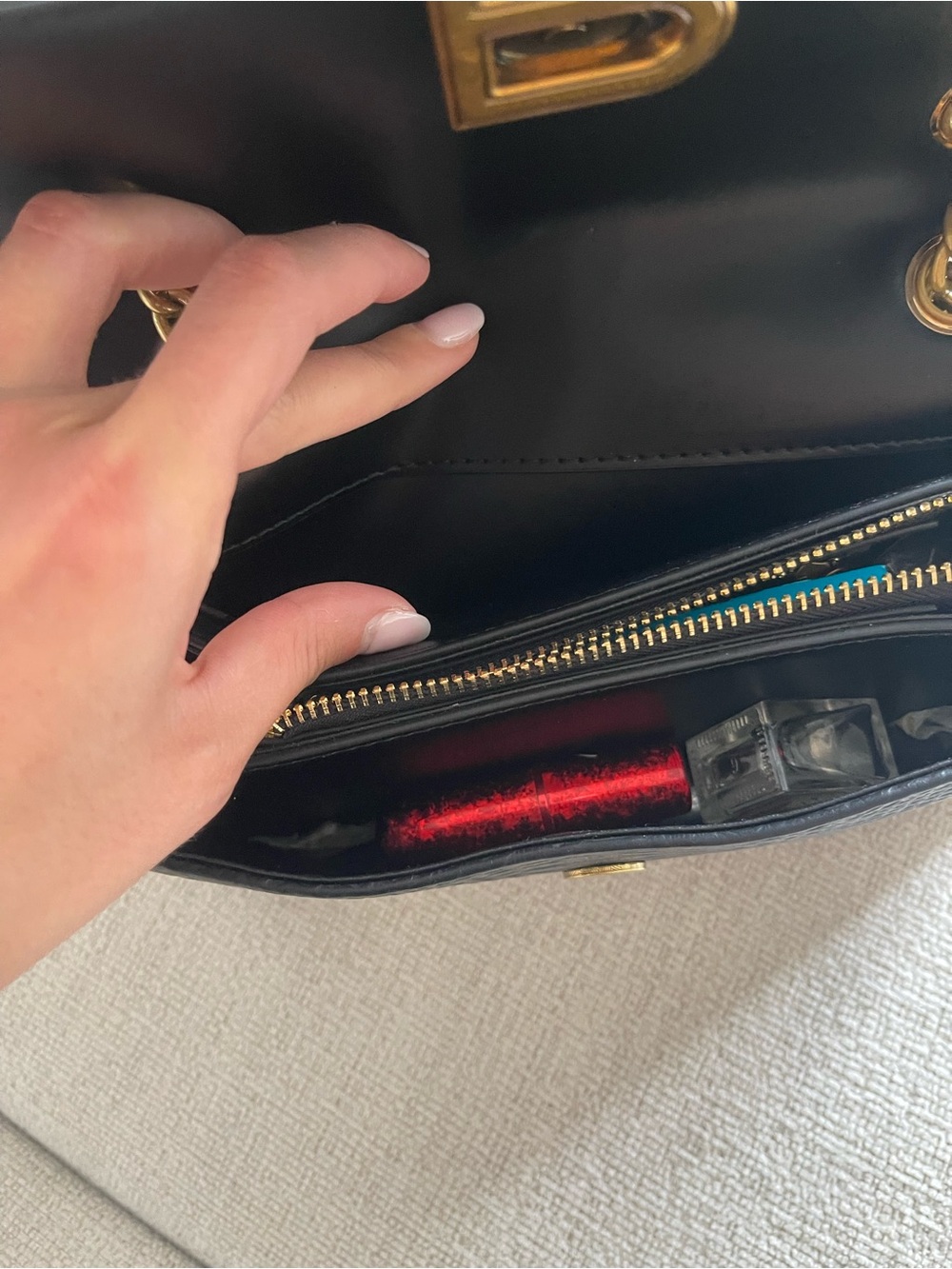 Black Textured Shoulder Bag with Gold Chain Handles - Picture 7 of 10